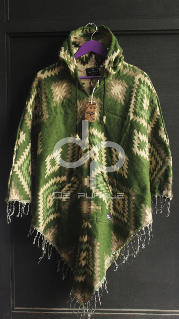 Green Handmade Aztec Print Woolen Poncho