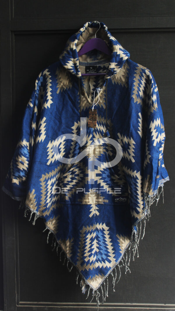 Ink Blue Handmade Aztec Print Woolen Poncho