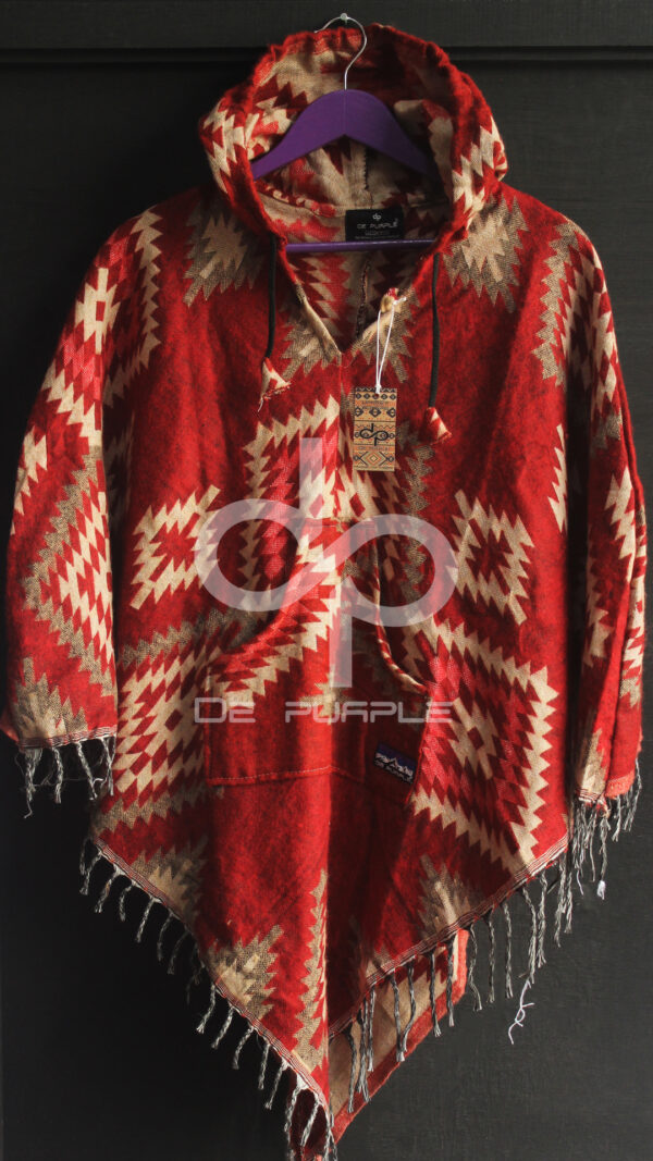 Blood Red Aztec Print Handmade Woolen Poncho