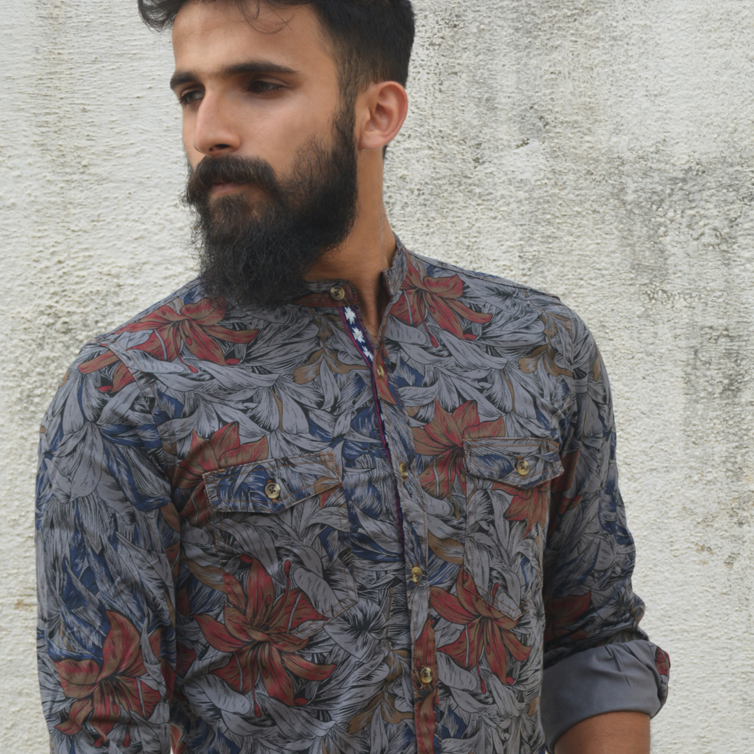 Dark Floral Pattern Shirt-Choker Collar