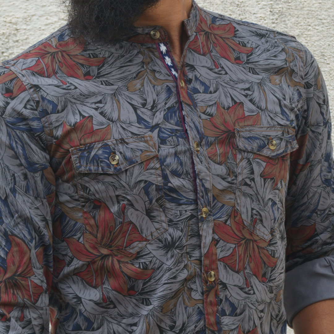 Dark Floral Pattern Shirt-Choker Collar - Image 2