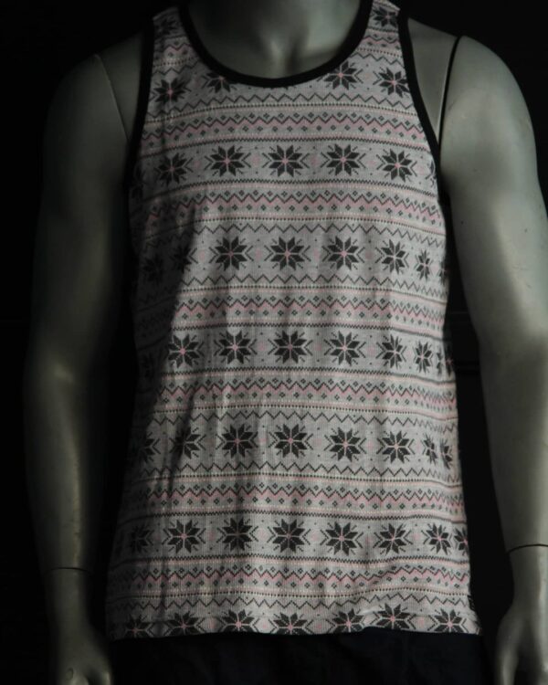 White sleeveless Aztec print t shirt with black piping - Image 2