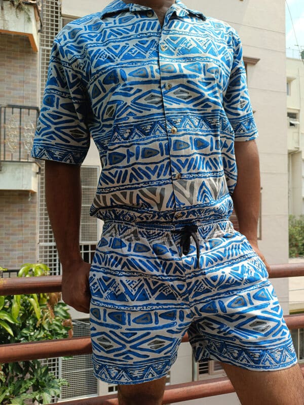 Blue & beige aztec print unisex Shirt - Image 2