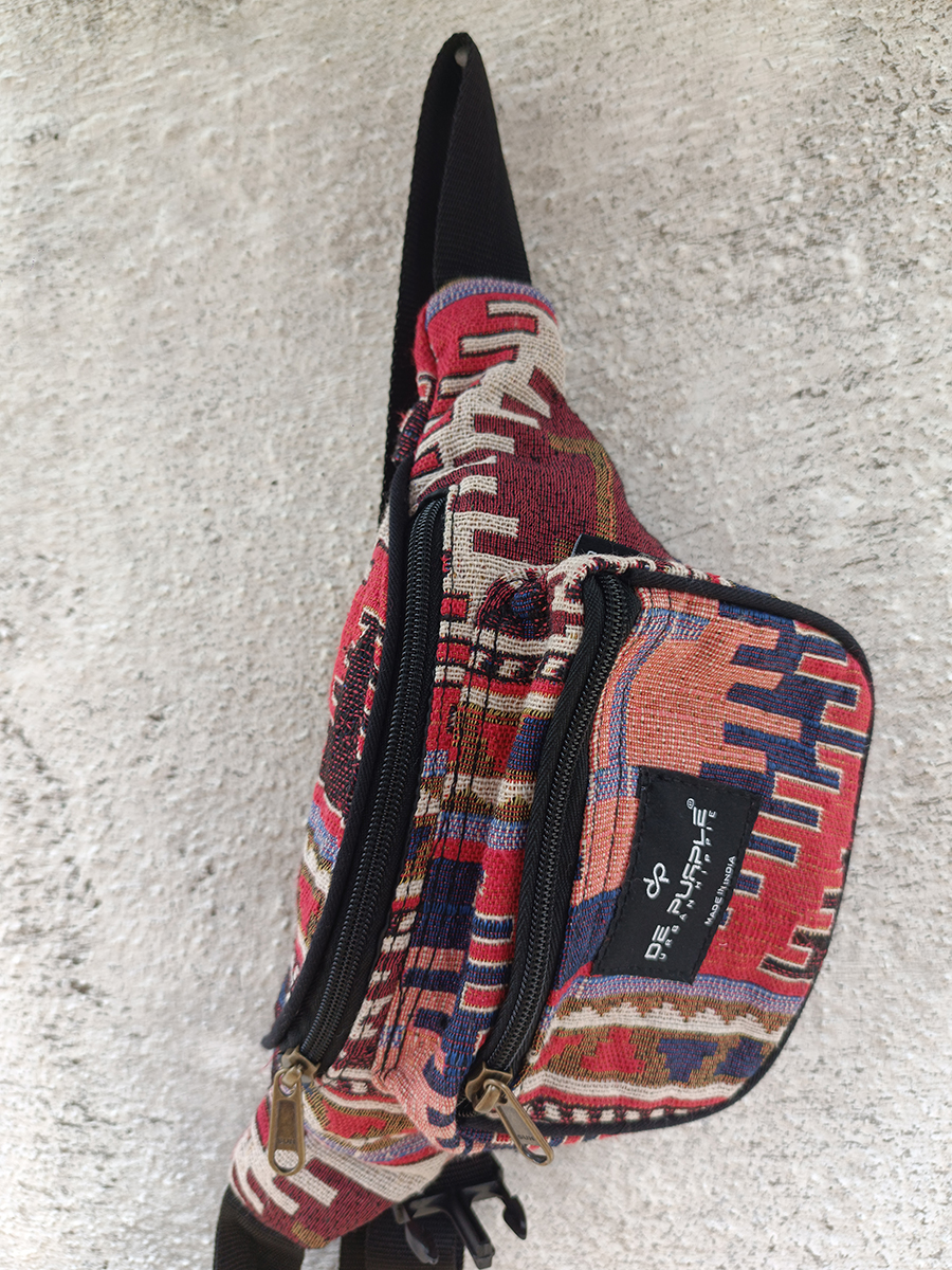 Multicolour aztec print hemp unisex waist pouch, with adjustable strap