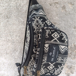 Black and white aztec print hemp unisex waist pouch, with adjustable strap