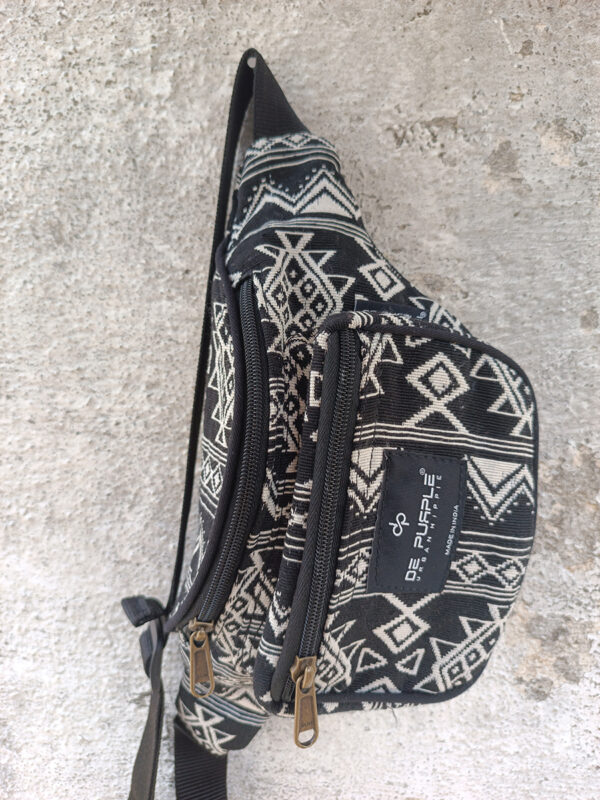 Black and white aztec print hemp unisex waist pouch, with adjustable strap