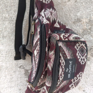 Maroon aztec print hemp unisex waist pouch, with adjustable strap