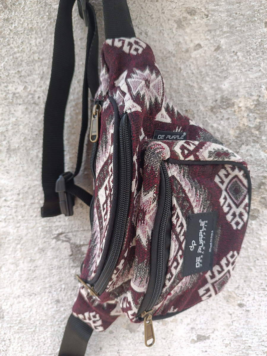 Maroon aztec print hemp unisex waist pouch, with adjustable strap