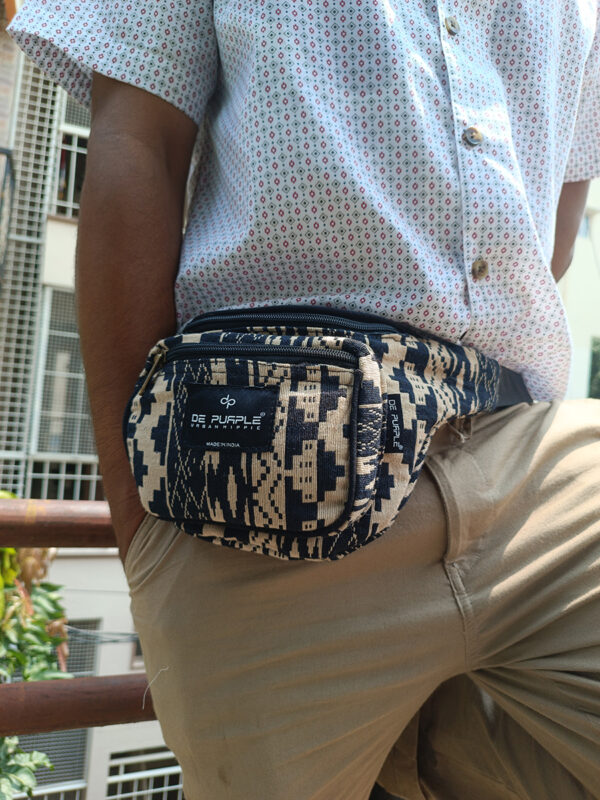 Black & beige tribal print hemp Unisex Waist pouch - Image 2