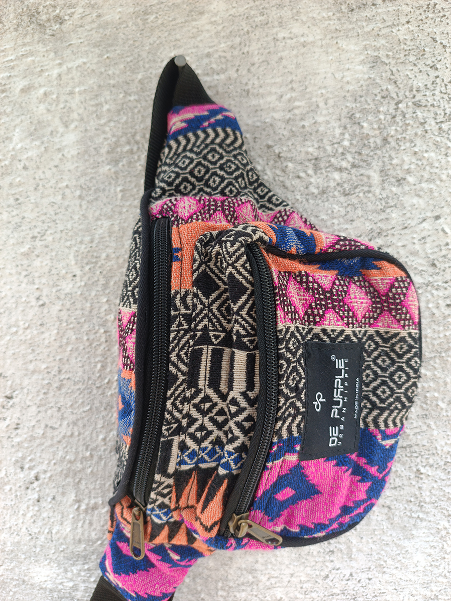 Multicolour aztec print hemp unisex waist pouch, with adjustable strap