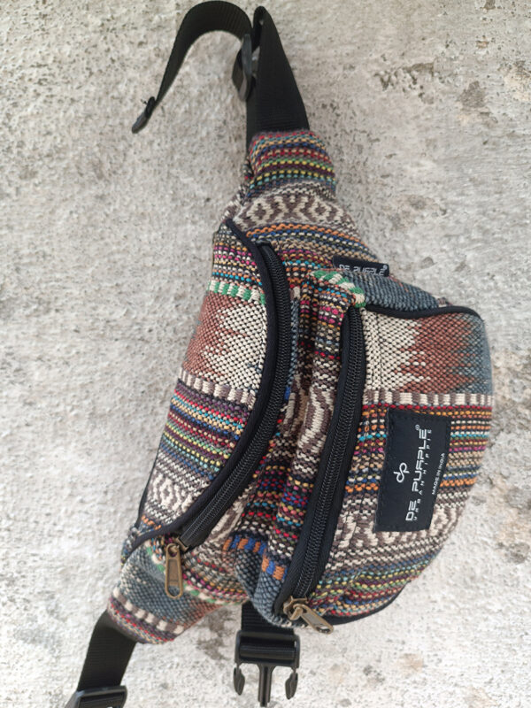 Multicolour aztec print hemp unisex waist pouch, with adjustable strap