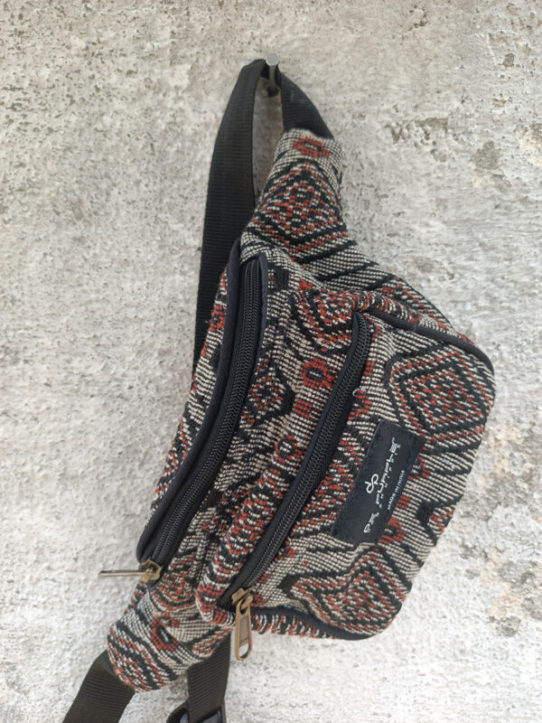 Black and maroon aztec print hemp unisex waist pouch, with adjustable strap