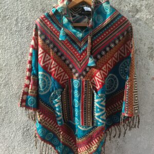 Red and blue multicoloured printed unisex Poncho